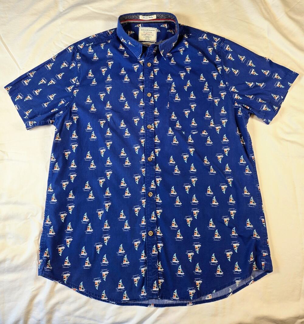 Denim & Flower Travellers Collection Cotton Men's Size XL Blue Slim Fit Sailboat